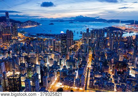 Mong Kok, Hong Kong 26 July 2020: Top view of Hong Kong city at evening