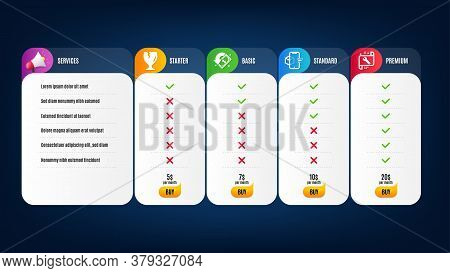 Spanner, Augmented Reality And Fragile Package Icons Simple Set. Price List, Pricing Table. Cashback