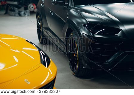 Lamborghini Urus Black Color Sports Car Close Up.