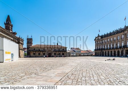 Santiago De Compostela, Spain - July 18, 2020: View Of Empty Square Of Obradoiro During Covid Pandem