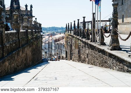 Santiago De Compostela, Spain - July 18, 2020: Street In Historical Centre Of Santiago De Compostela