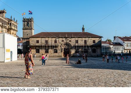 Santiago De Compostela, Spain - July 18, 2020: View Square Of Obradoiro