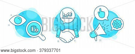 Financial Diagram, Settings Gear And International Recruitment Line Icons Set. Handshake Deal, Resea