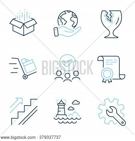 Push Cart, Customisation And Lighthouse Line Icons Set. Diploma Certificate, Save Planet, Group Of P