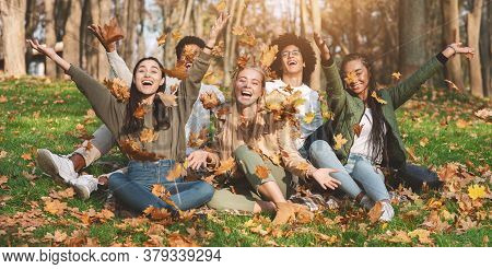 Carefree Young Multiracial Friends Taking Photos With Autumn Leaves In Park, Sitting On The Grass An