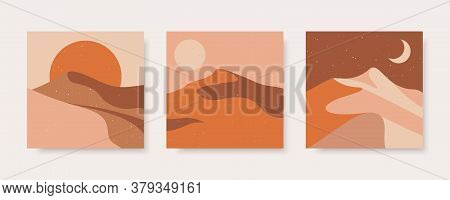 Set Of Abstract Contemporary Backgrounds In Earth Colors. Desert Landscape In Boho Style. Concept Ve