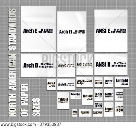 Full Set Of American Paper Sheets Standards Of Series Arch, Ansi, Format Letter, Ledger, Tabloid. Mo