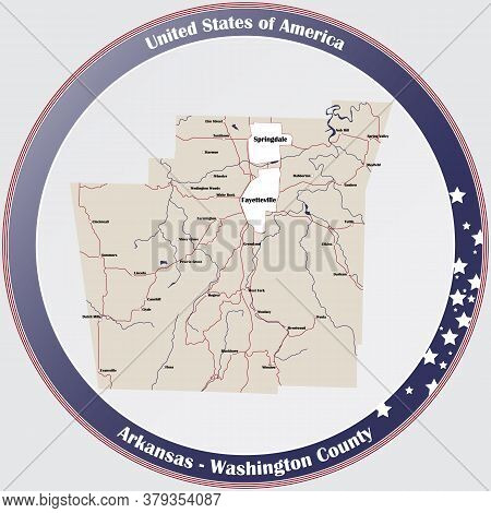 Round Button With Detailed Map Of Washington County In Arkansas, Usa.