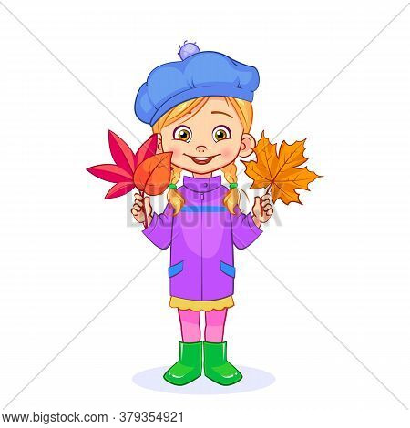 A Sweet Girl With Pigtails Collects A Herbarium From Dry Autumn Leaves. Isolated Vector Illustration