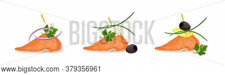 Colorful Vector Illustration Of Tasty Salmon Canapes With Parsley, Leek, Onion, Olive, Cheese And Le