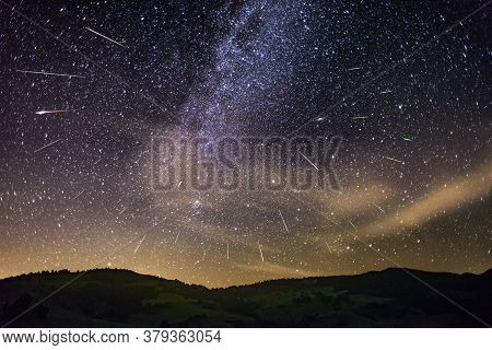 Meteor Shower Perseus With The Milky Way