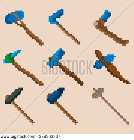 Set Of Nine Pixel War Hammers. Image For Icons, Games, Sites And More. Vector Illustration.