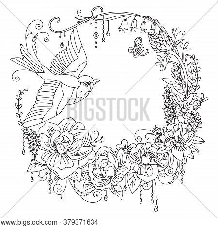 Vector Coloring Ornamental Wreth With Bird And Flowers In Circle Composition. Decorative Abstract Ve