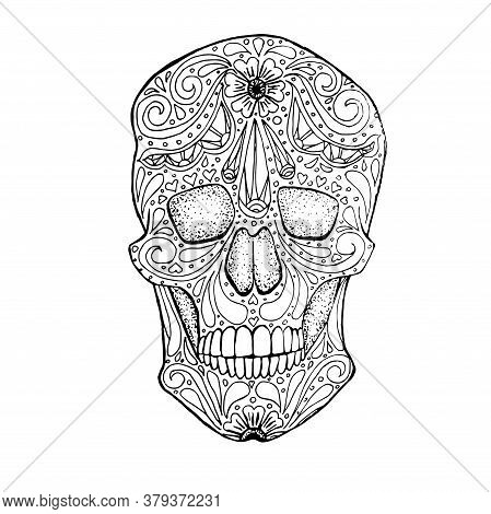 Doodle Stylized Black And White Sugar Skull, Hand Drawn Ink Monochrome, Stock Vector Illustration