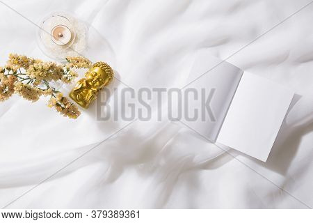 Top View Of Voile Fabric Background With Flowers In Two Corners With Space For Text