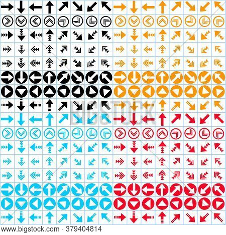 Set Of Eight Types Of Arrows In Eight Directions And In Four Colors. Aligned In A Grid, Converted To