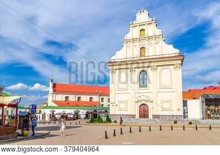 Minsk, Belarus, July 26, 2020: St. Joseph Roman Catholic Church Baroque Architecture Style Building 