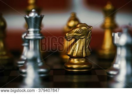 The Golden Knight On The Board Game Of Chess.the Knight Is A Piece In The Game Of Chess And Is Repre