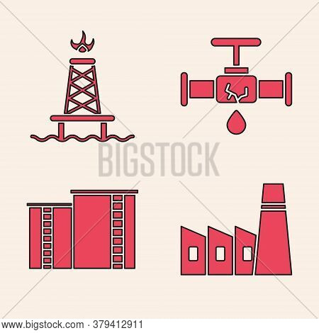 Set Oil Industrial Factory Building, Oil Rig With Fire, Broken Pipe With Leaking Water And Oil Indus