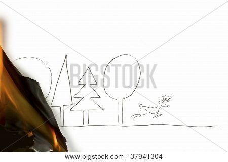 Desenho de um cervo escapar da floresta ao papel branco queimar