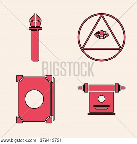 Set Magic Scroll, Magic Staff, Masons And Ancient Magic Book Icon. Vector