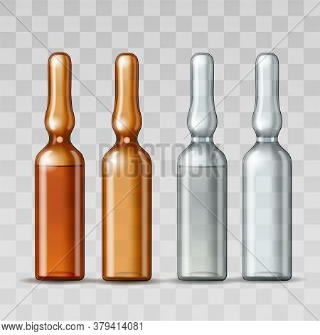 Empty Transparent Glass Ampule And Ampule With Vaccine Or Drug For Medical Treatment.