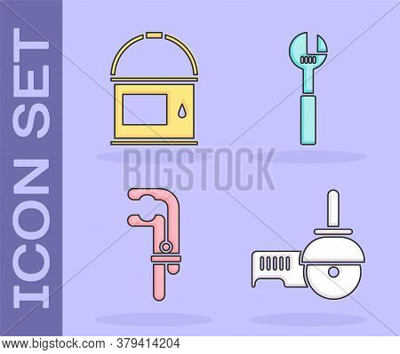 Set Angle Grinder, Paint Bucket, Clamp Tool And Adjustable Wrench Icon. Vector