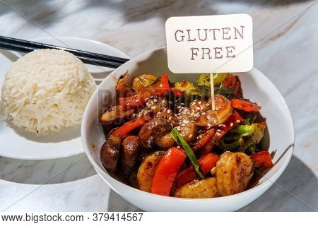 Chinese Shrimp With Mixed Sauteed Vegetables In A Brown Garlic Sauce