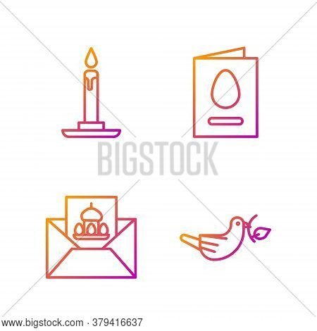 Set Line Peace Dove With Olive Branch, Greeting Card With Happy Easter, Burning Candle In Candlestic