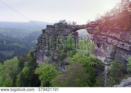 Pravcicka Gate, The Biggest Natural Arch In Europe.  Czech-saxony Switzerland, Czechia. Evening Land