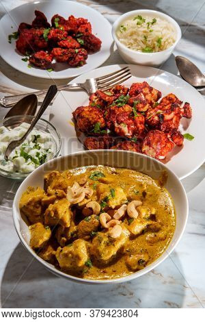 Indian Dinner Korma With Mushroom 65 Tandoori Cauliflower Rice And Raita