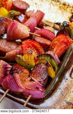 Baking Polish Grilled Honey Balsamic Glazed Kielbasa Shish Kebab Skewers With Red Onions Mushrooms B