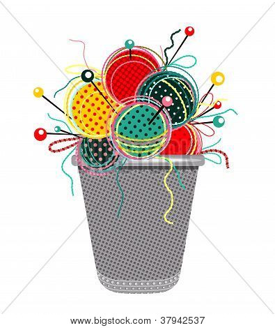 NÃ¤hen-Strick mit Nadeln und Fingerhut Zusammensetzung