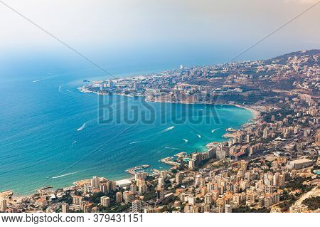 Aerial View Of The Jounieh Coastal City, Lebanon. Panoramic View Of The Seaside Resorts, Turquoise S
