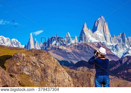 Amazing Patagonia in February. Fitzroy Mountains covered midday sun