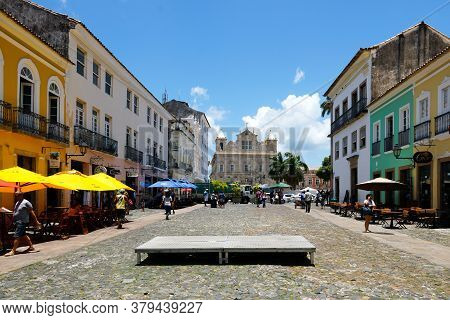 Touristic Street With Restaurant Terraces And Shops In The Historical Center Of Salvador Bahia. Braz
