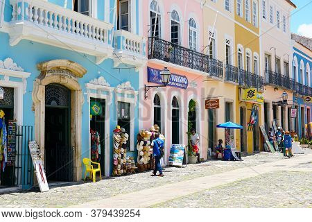 Touristic Street With Restaurant Terraces And Shops In The Historical Center Of Salvador Bahia. Braz