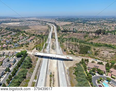 Aerial View Of Highway, Freeway Road With Vehicle In Movement In San Diego, California, Usa.
