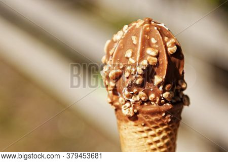 Chocolate Ice Cream In Waffle With Rice Puffs