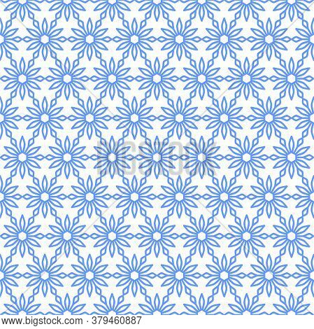 Openwork Pattern Of Blue Geometric Flowers On A White Background. Vector Seamless Pattern For Wallpa