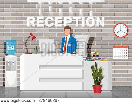 Modern Reception Interior. Hotel, Hospital Clinic Or Business Office Reception Desk. Lobby Or Waitin