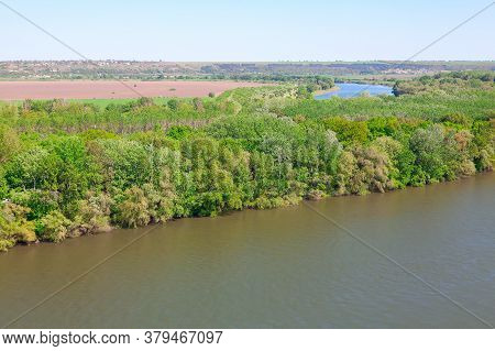 Above Green Forest Belt And River . Summer Nature At Riverside