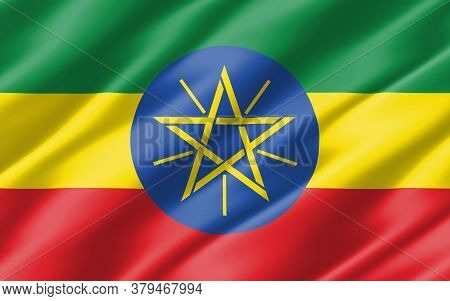 Silk Wavy Flag Of Ethiopia Graphic. Wavy Ethiopian Flag 3d Illustration. Rippled Ethiopia Country Fl