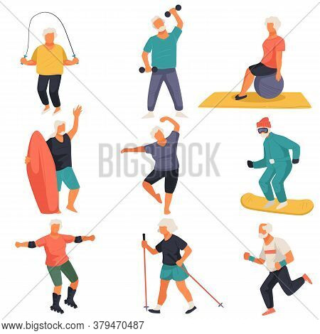 Senior Characters Leading Active Lifestyle, Doing Exercises Vector