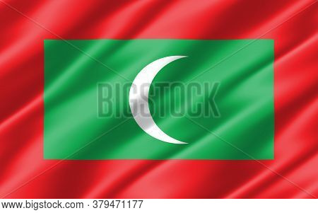 Silk Wavy Flag Of Maldives Graphic. Wavy Maldivian Flag 3d Illustration. Rippled Maldives Country Fl