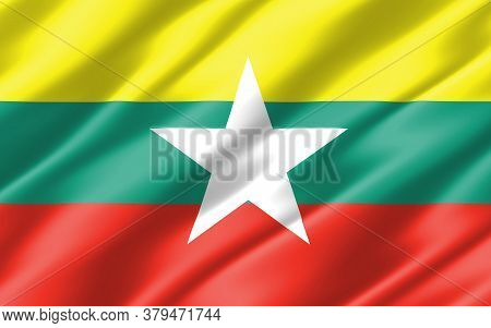 Silk Wavy Flag Of Myanmar Graphic. Wavy Burmese Flag 3d Illustration. Rippled Myanmar Country Flag I