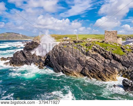 Aerial View Of The Beautiful Coast Next To Carrickabraghy Castle - Isle Of Doagh, Inishowen, County 