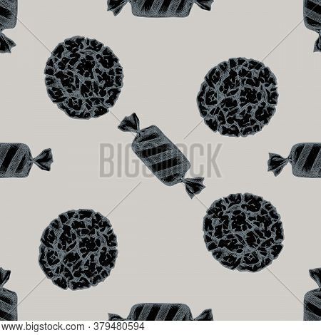 Seamless Pattern With Hand Drawn Stylized Candies, Cookie Stock Illustration