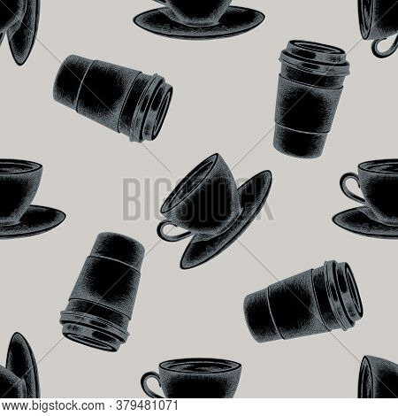 Seamless Pattern With Hand Drawn Stylized Coffee Cups, Paper Cup Stock Illustration
