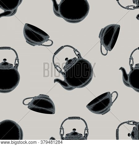 Seamless Pattern With Hand Drawn Stylized Teapots, Cups Stock Illustration